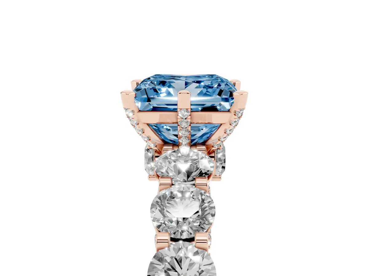 Fancy Blue Princess Cut Diamond Side Stone Engagement Ring with Four-Prong Setting Rose gold