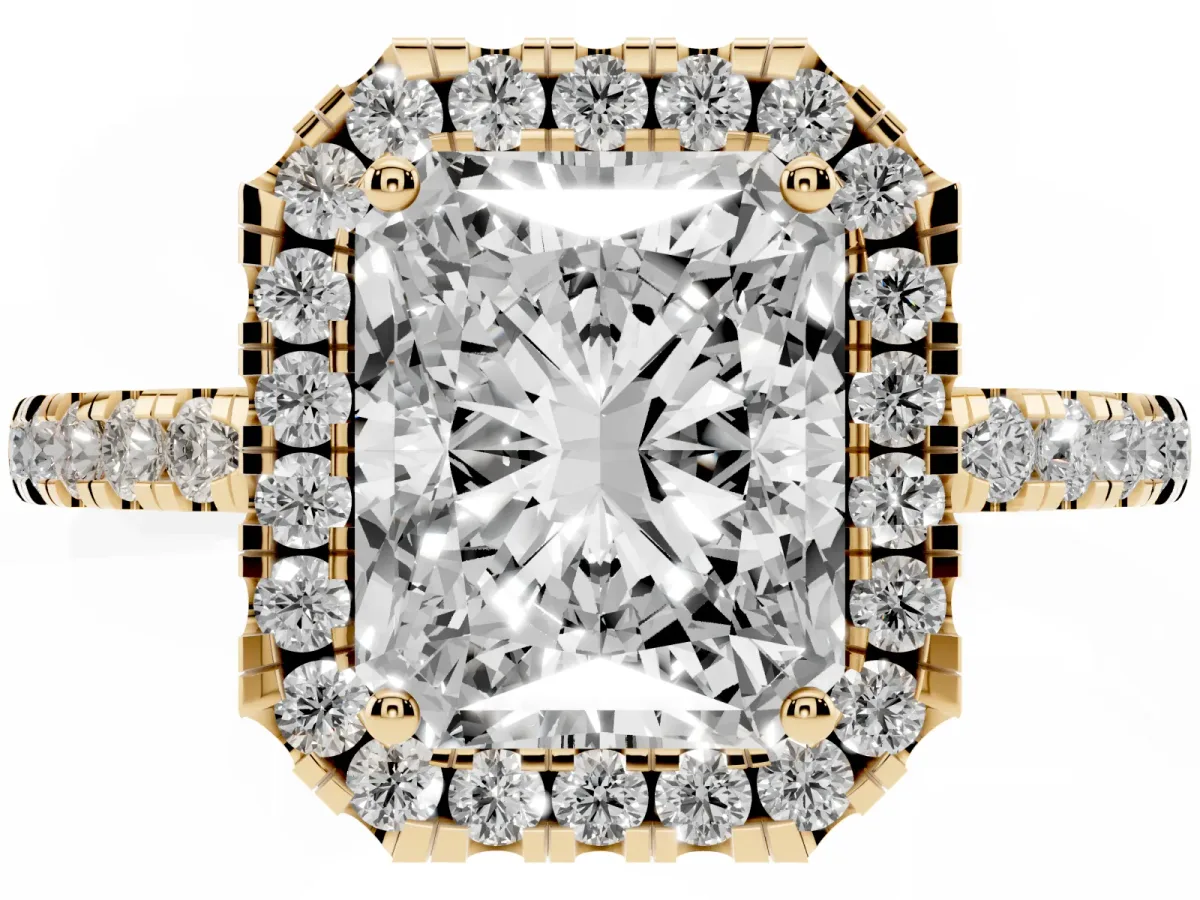 Radiant Cut Halo Diamond Engagement Ring with Pavé Band and Four-Prong Setting Yellow gold