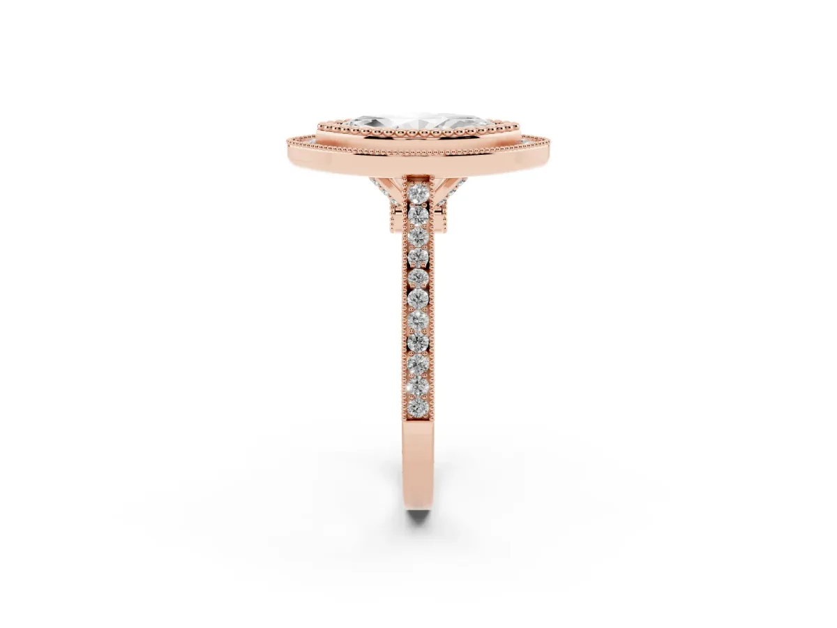 Marquise Cut Diamond Halo Ring with Milgrain Frame and Pavé Band Rose gold