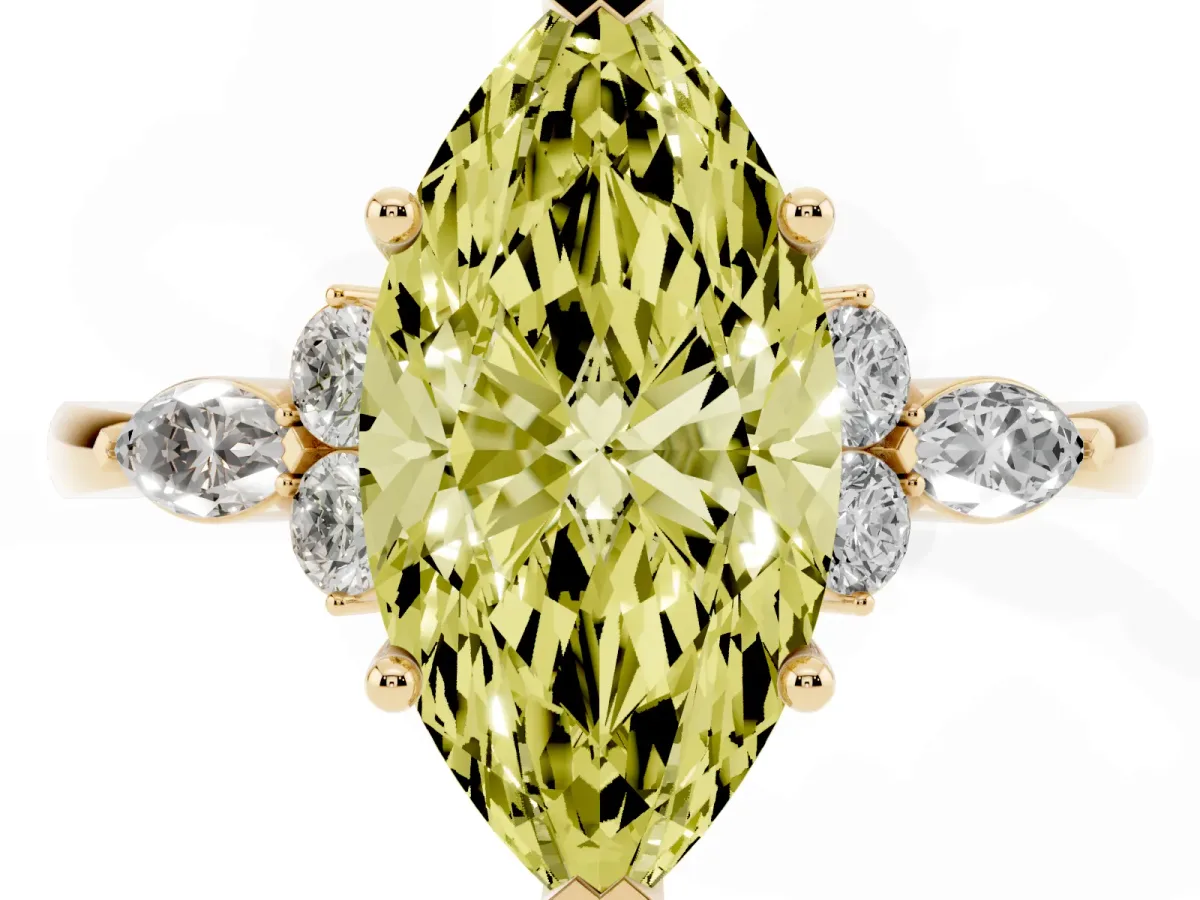Fancy Yellow Marquise Cut Brilliant Diamond Solitaire Ring with Pear Side Stones and Four-Prong Setting Yellow gold