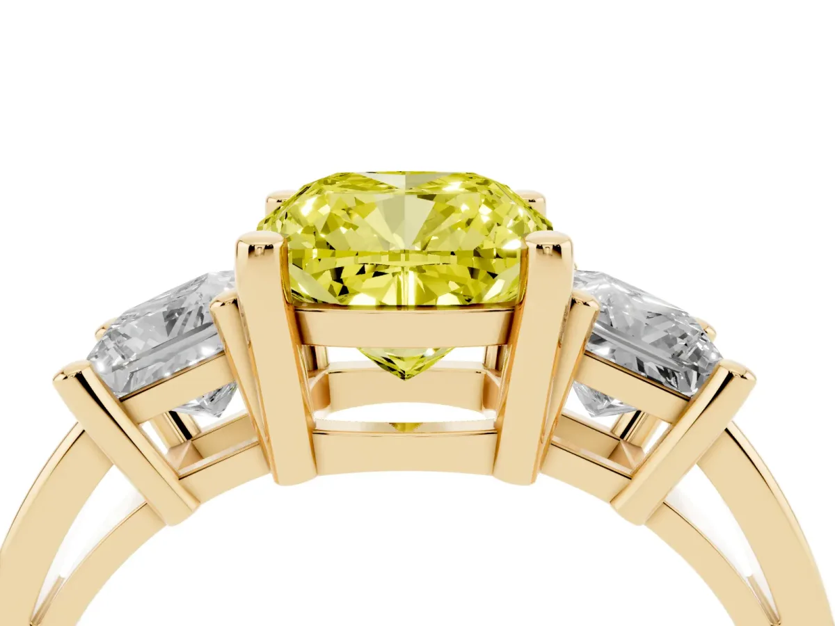 Fancy Yellow Three-Stone Cushion Cut Cut Solitaire Ring with Prong Setting Yellow gold