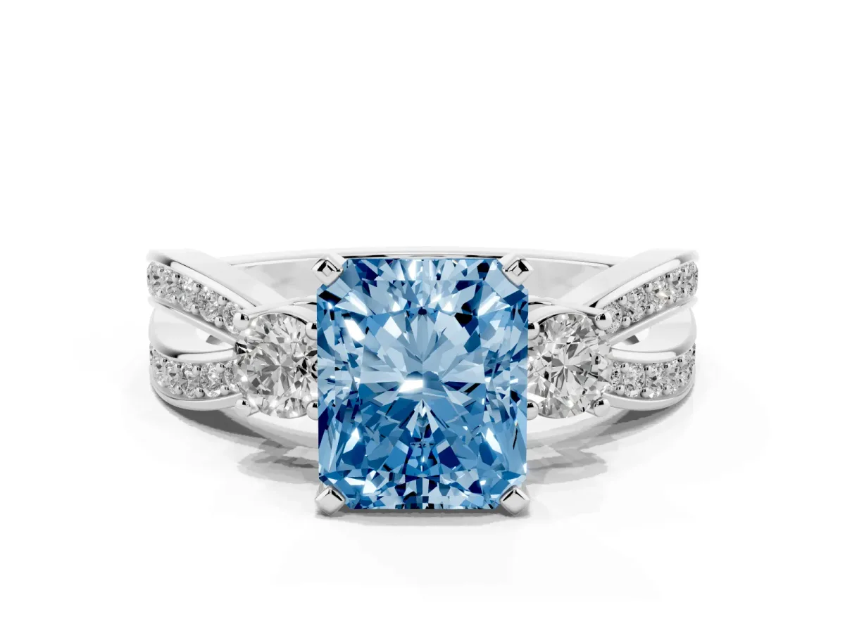 Fancy Blue Three-Stone Radiant Cut Cut Diamond Twist Band with Prong Setting Platinum