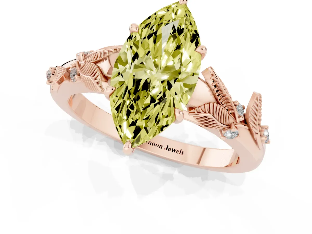 Fancy Yellow Marquise Cut Diamond Solitaire Ring with Leaf Motif Band and Four-Prong Setting Rose gold