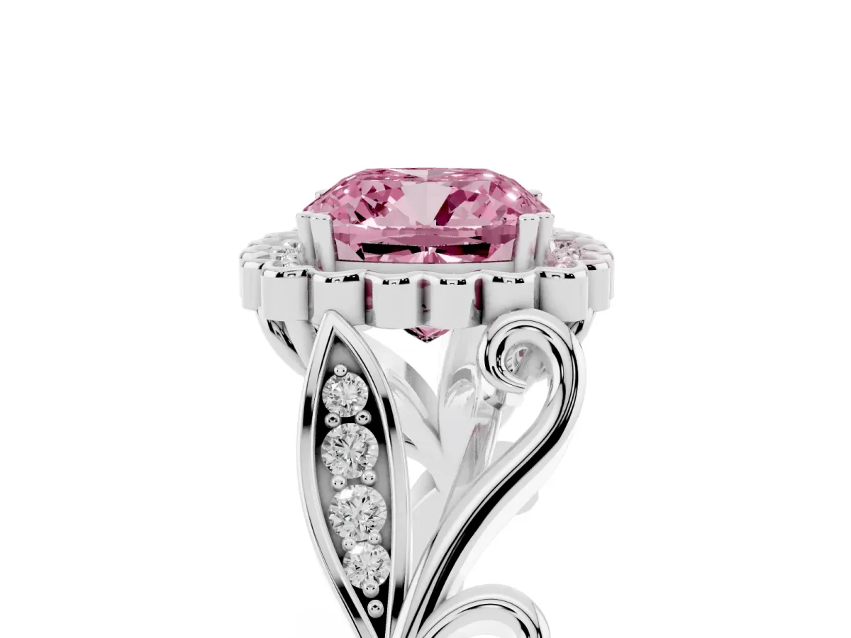 Fancy Pink Cushion Cut Diamond Halo Ring with Vintage Split Shank and Four-Prong Setting Silver