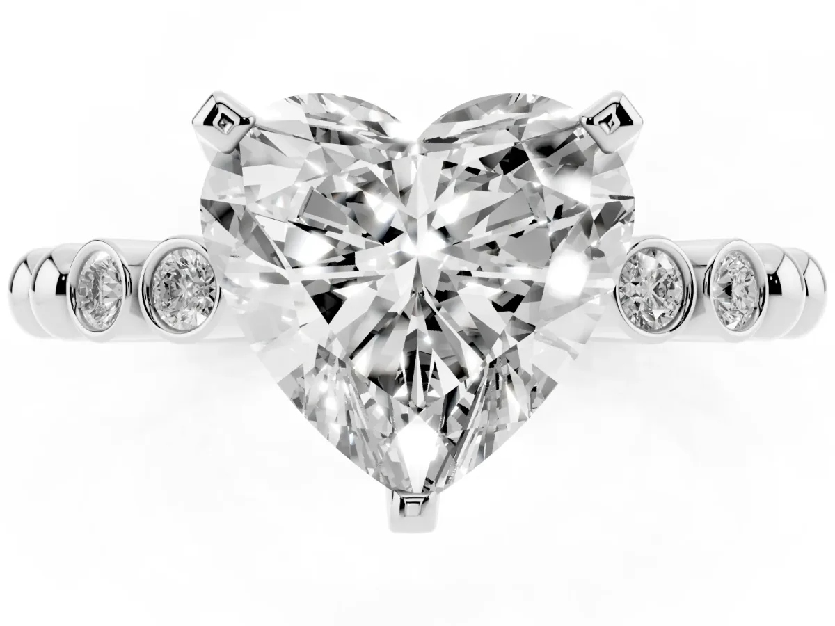 Heart Cut Solitaire Bezel Accent Diamond Engagement Ring with Beaded Band and Four-Prong Setting Silver
