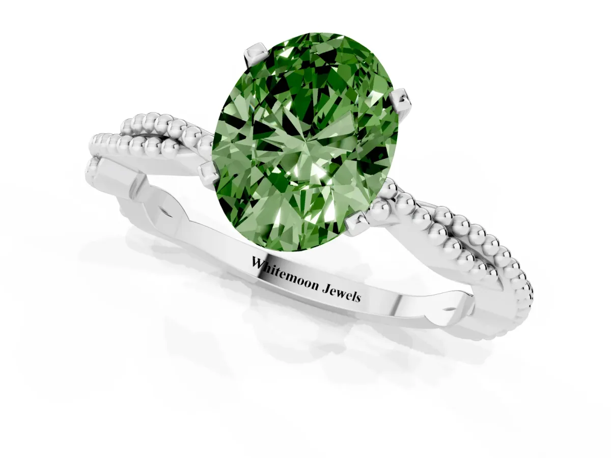 Fancy Green Oval Cut Solitaire Twisted Band with Bead Prong Setting White gold