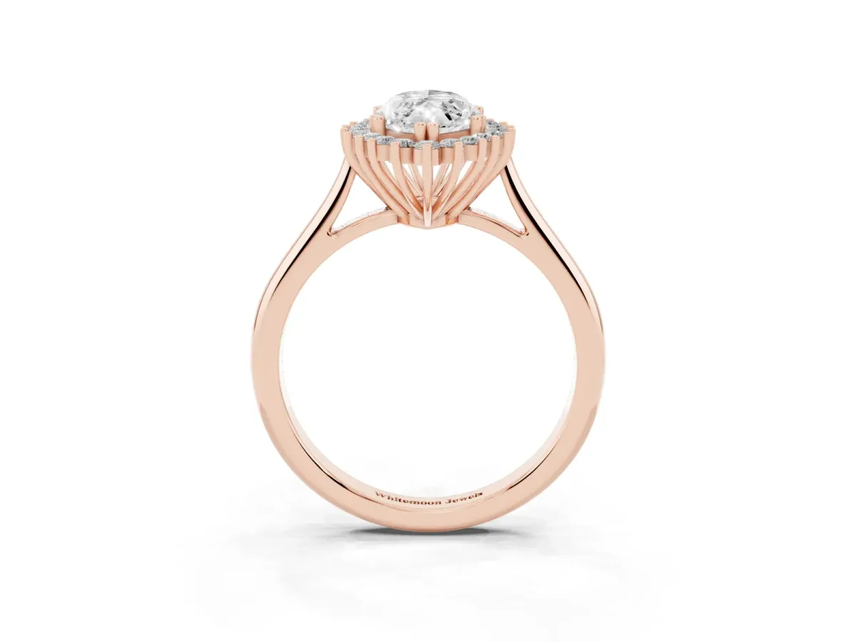 Marquise Cut Cut Diamond Halo Ring with Solitaire Band and Prong Setting Rose gold
