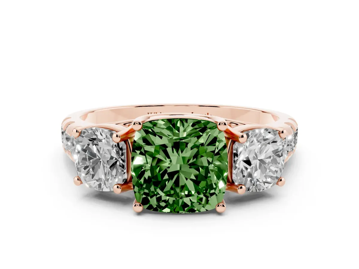 Fancy Green Three-Stone Cushion Cut Diamond Pavé Band with Prong Setting Rose gold