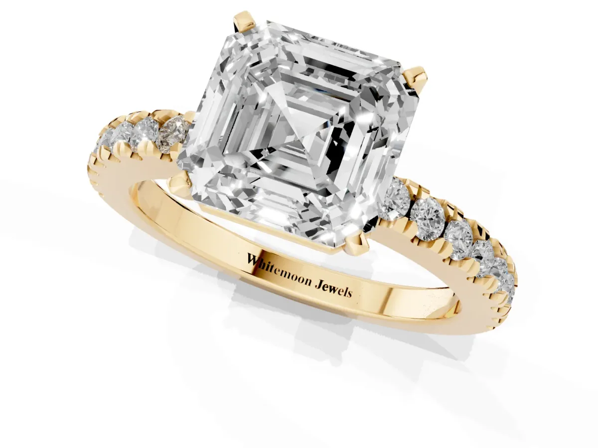 Asscher Cut Solitaire Diamond with Pavé Band and Four-Prong Setting Yellow gold