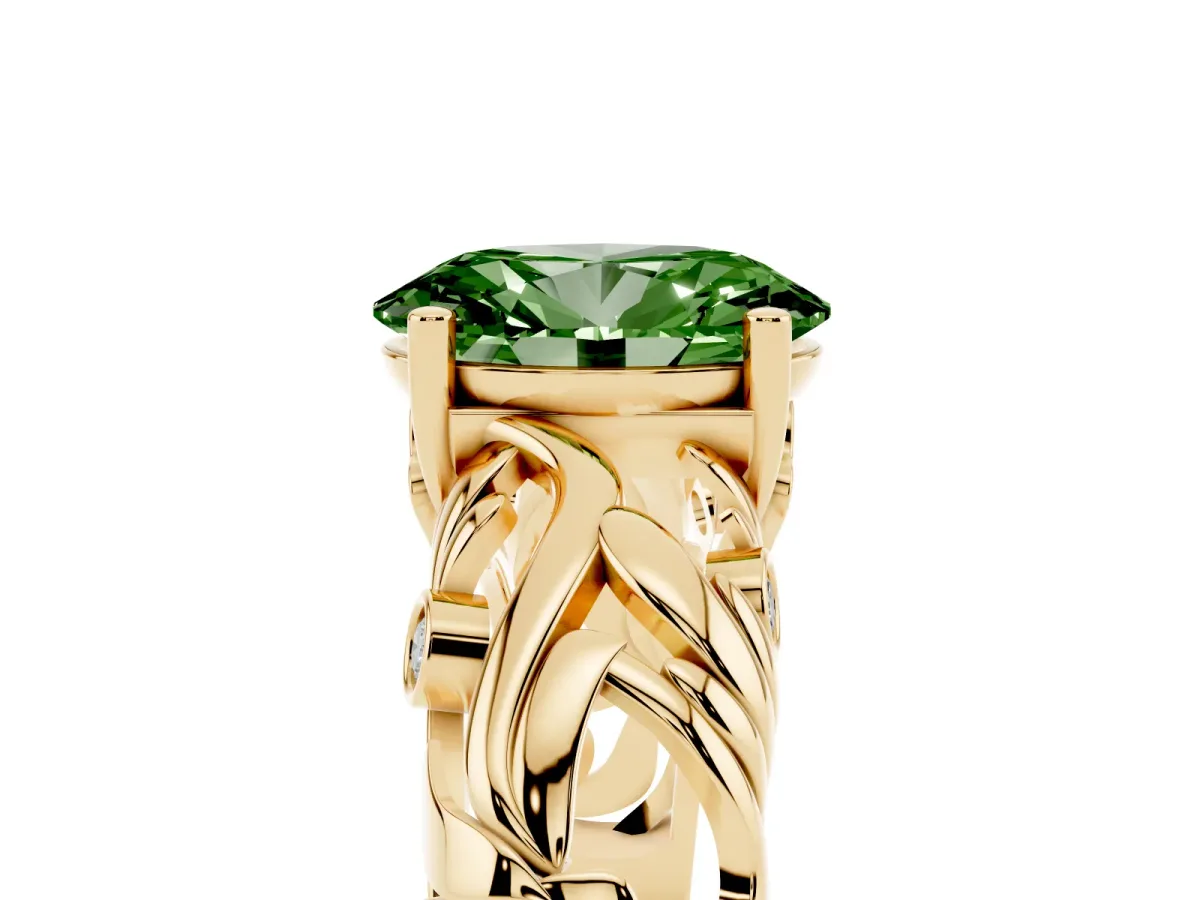 Fancy Green Oval Cut Solitaire Diamond Leaf-Inspired Vine Band Ring with Prong Setting Yellow gold
