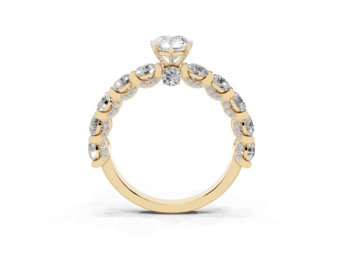 Pear Cut Diamond Side Stone Engagement Ring with Four-Prong Setting Yellow gold