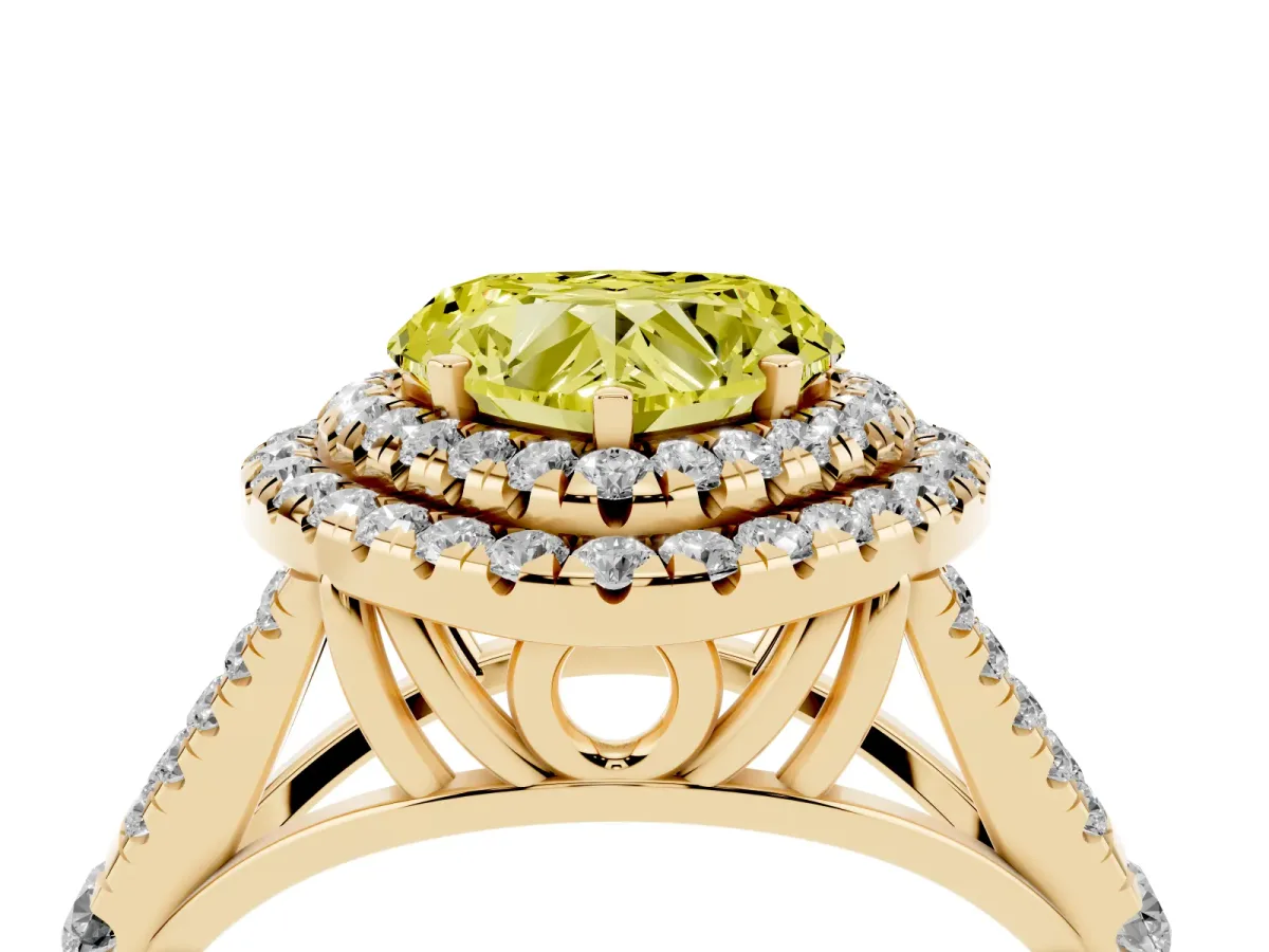 Fancy Yellow Double Halo Heart Cut Diamond Split Shank Engagement Ring with Four-Prong Setting Yellow gold