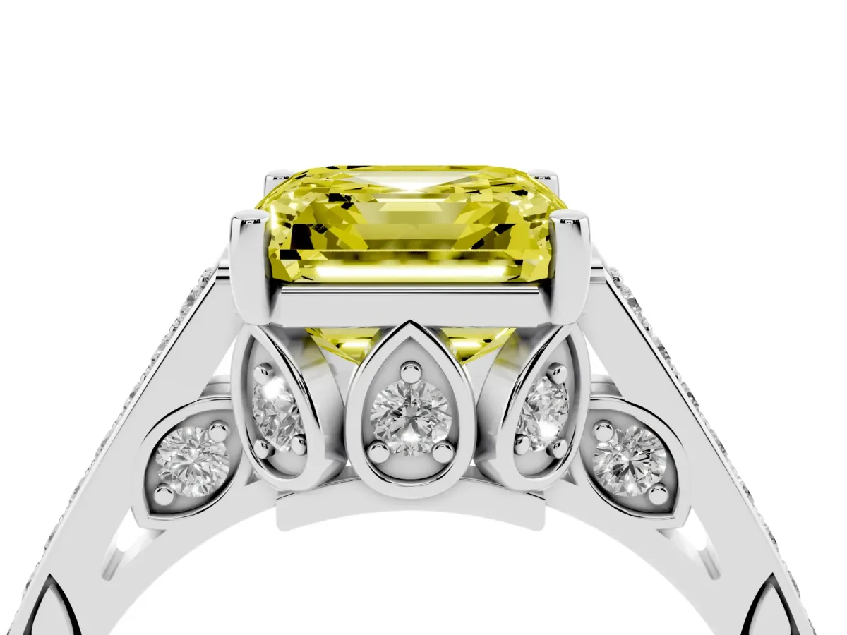 Fancy Yellow Asscher Cut Cut Cathedral Pave Diamond Engagement Ring with Six-Prong Setting Silver