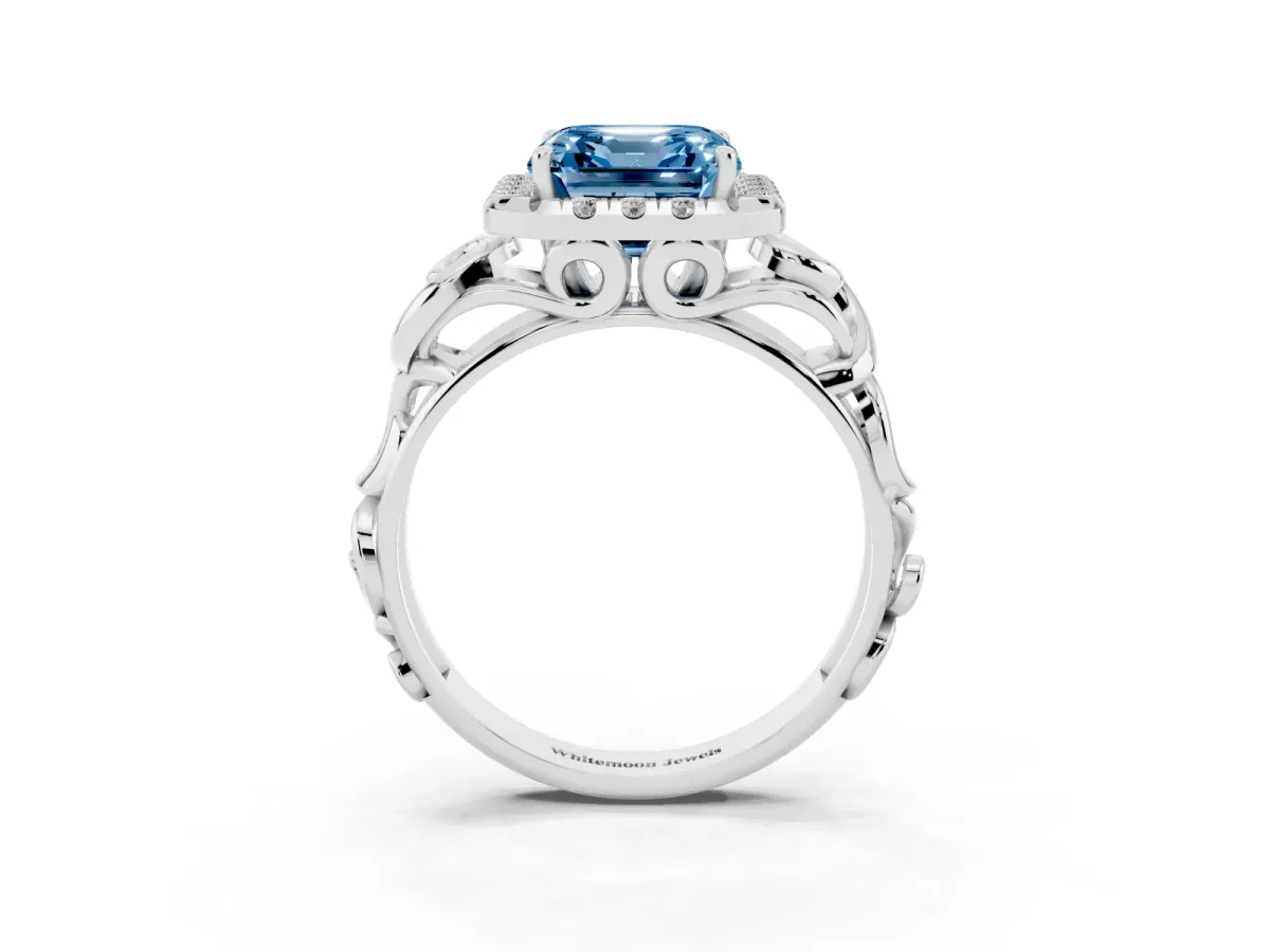 Fancy Blue Asscher Cut Cut Halo Diamond Ring with Scrollwork Band and Four-Prong Setting Silver