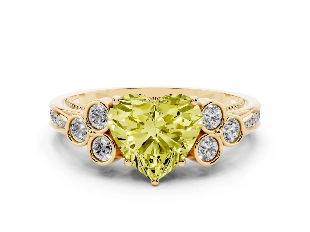 Fancy Yellow Heart Cut Cut Diamond Engagement Ring with Bezel Set Round Side Stones and Prong Setting Yellow gold
