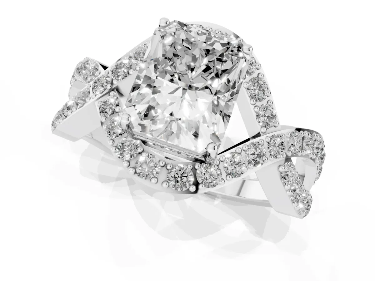 Radiant Cut Solitaire Twist Band Pavé Diamond Engagement Ring Platinum