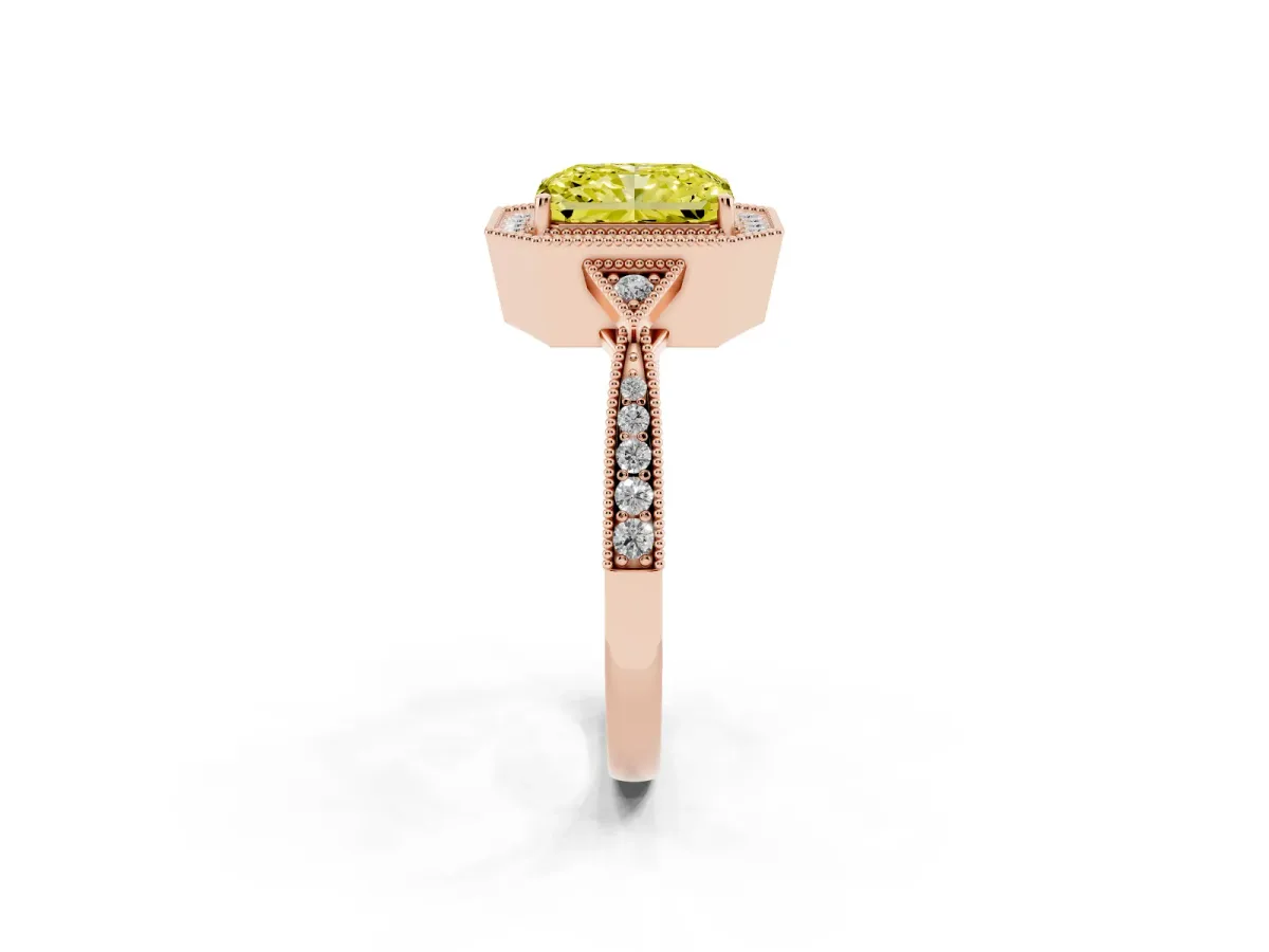 Fancy Yellow Radiant Cut Halo Round Diamond Milgrain Pave Engagement Ring Rose gold