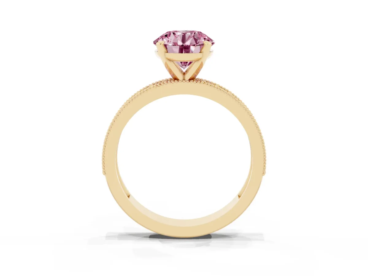 Fancy Pink Round Cut Diamond Milgrain Pavé Engagement Ring with Four-Prong Setting Yellow gold