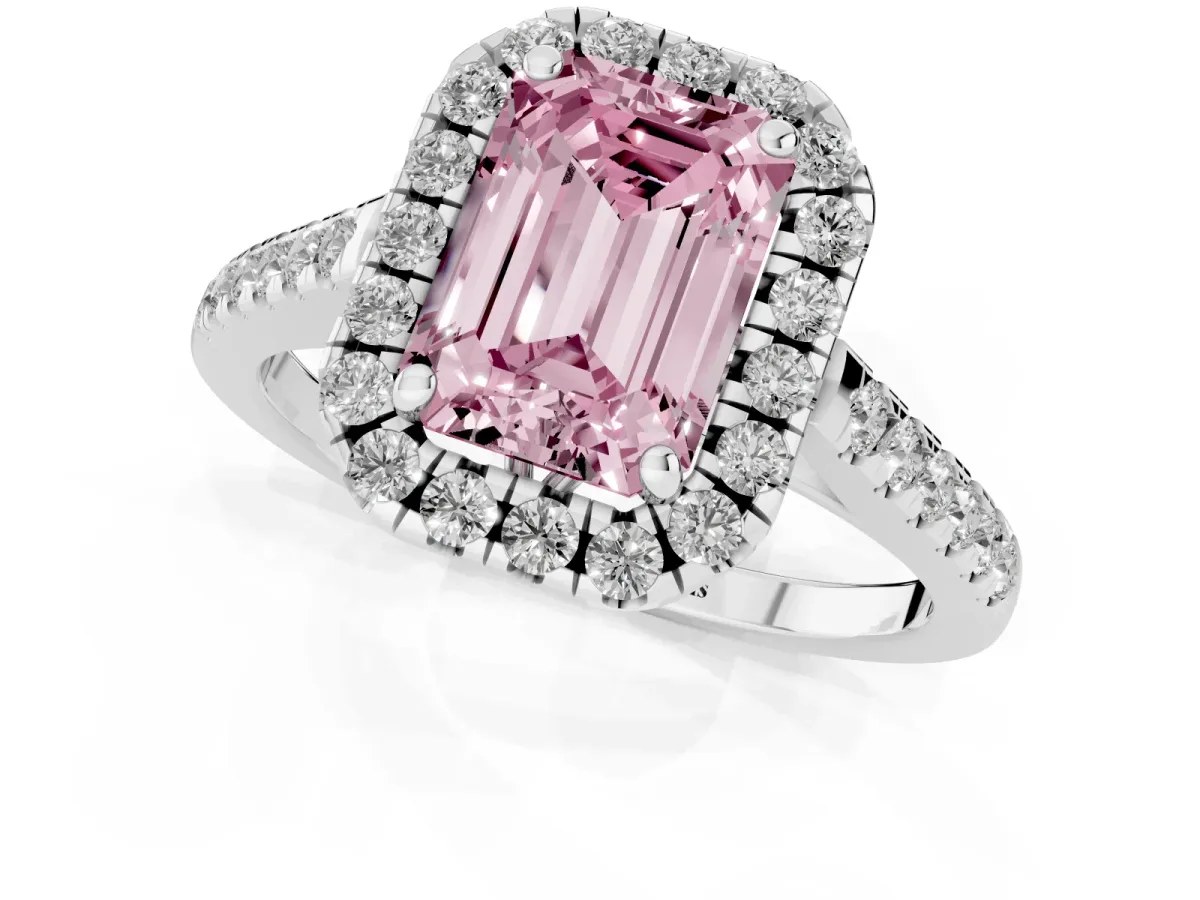 Fancy Pink Emerald Cut Halo Pavé Diamond Engagement Ring with Four-Prong Setting Silver