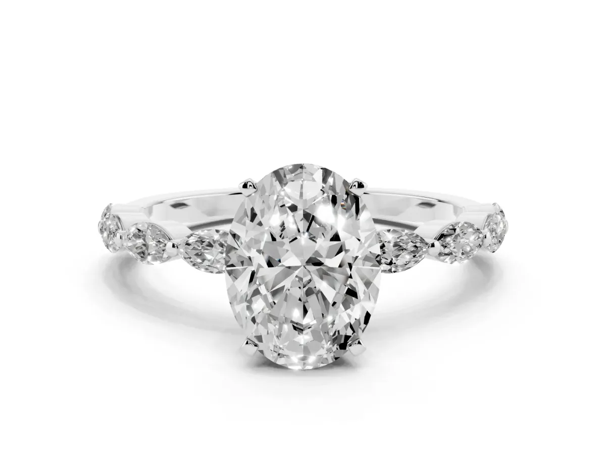 Oval Cut Diamond Ring with Marquise Side Stones and Prong Setting Silver