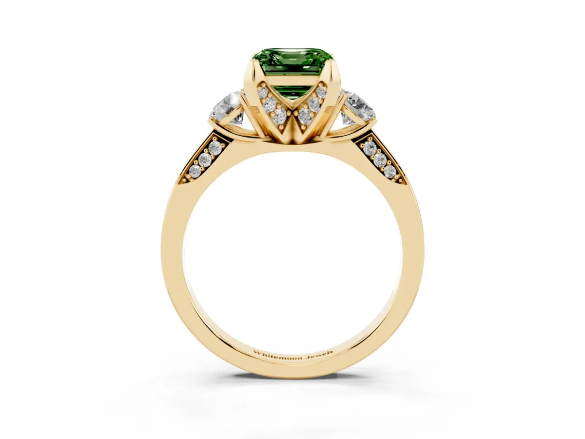 Fancy Green Asscher Cut Brilliant Three-Stone Diamond Ring with Pavé Band and Four-Prong Setting Yellow gold