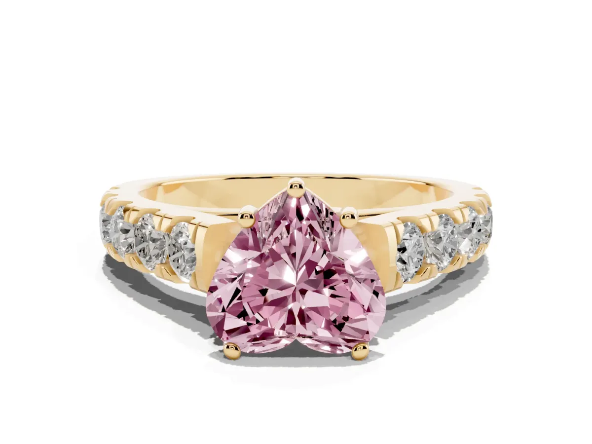 Fancy Pink Heart Cut Cut Diamond Solitaire Ring with Micro Pave Band and Prong Setting Yellow gold