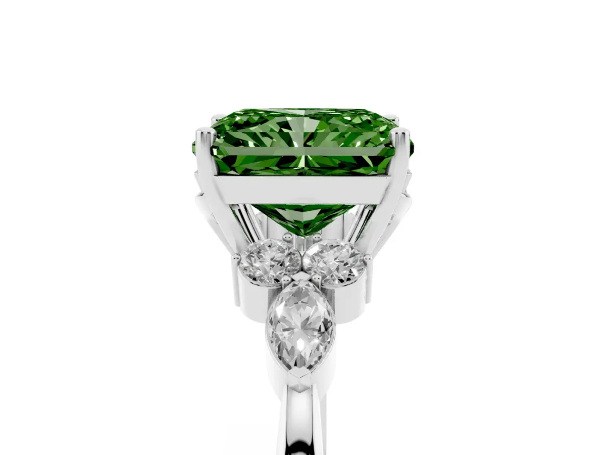 Fancy Green Radiant Cut Brilliant Diamond Solitaire Ring with Pear Side Stones and Four-Prong Setting Platinum
