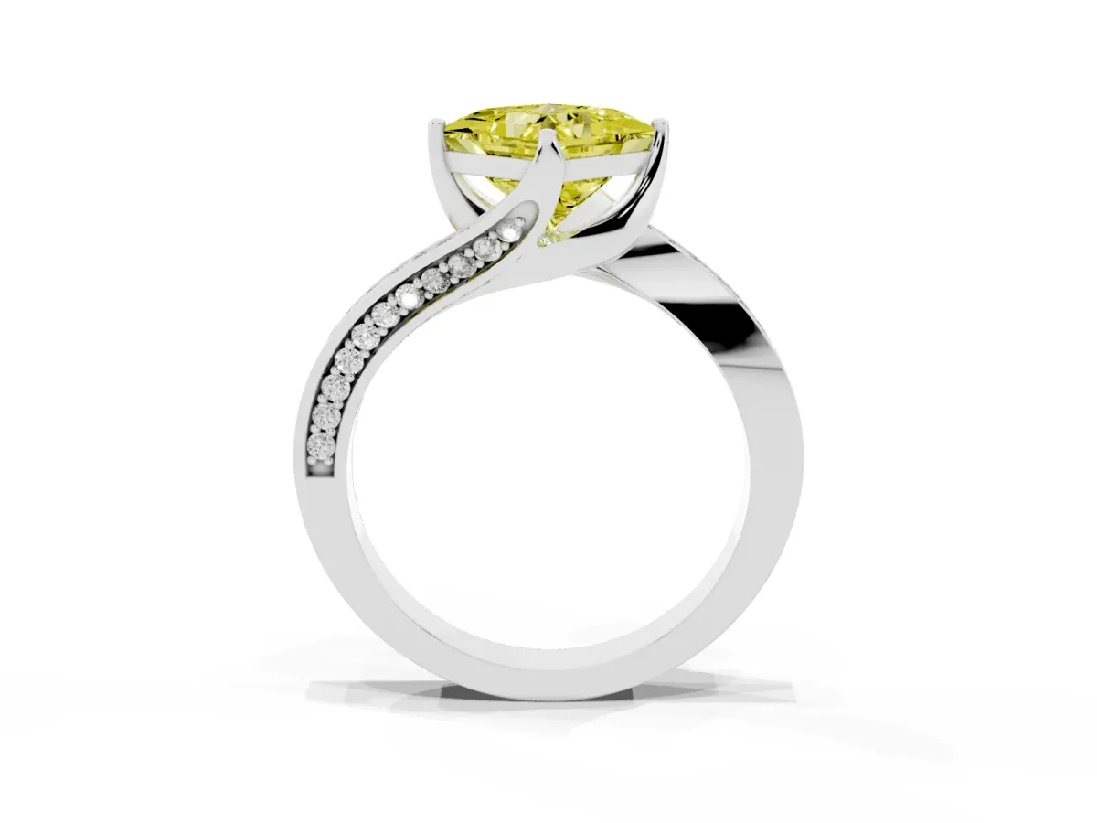 Fancy Yellow Princess Cut Solitaire Diamond Twist Band with Pavé Setting and Four-Prong Setting White gold