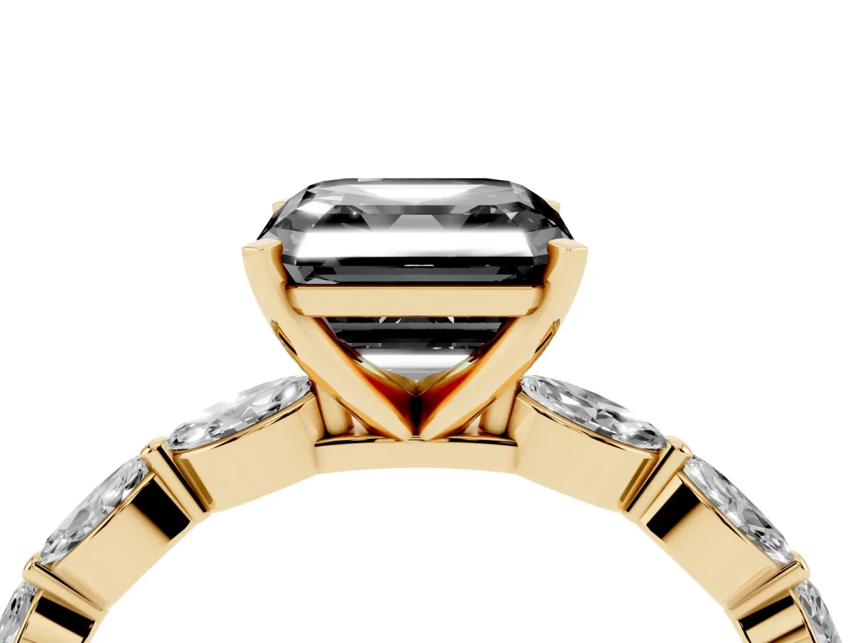 Fancy Black Asscher Cut Diamond Ring with Marquise Side Stones and Prong Setting Yellow gold
