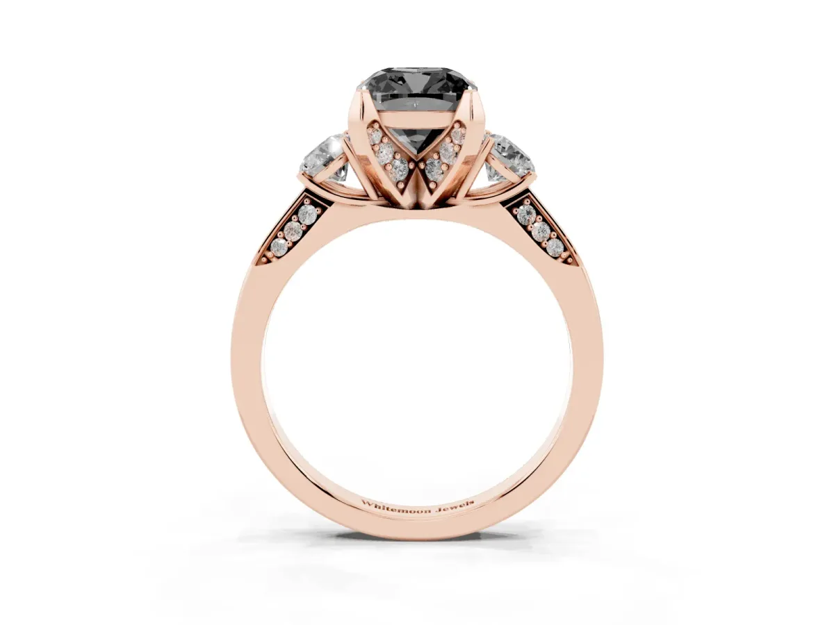 Fancy Black Cushion Cut Brilliant Three-Stone Diamond Ring with Pavé Band and Four-Prong Setting Rose gold