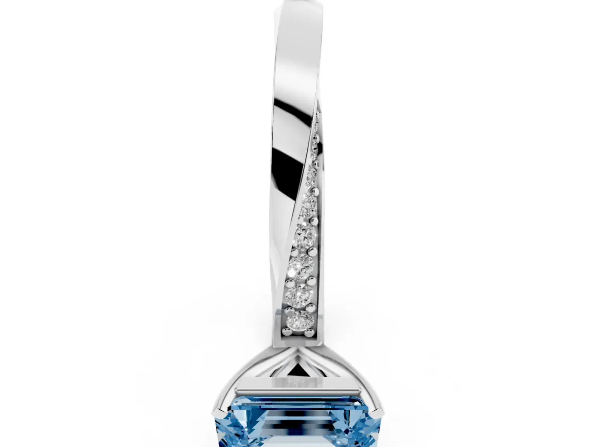 Fancy Blue Emerald Cut Diamond Engagement Ring with Side Stone Accents and Four-Prong Setting Silver