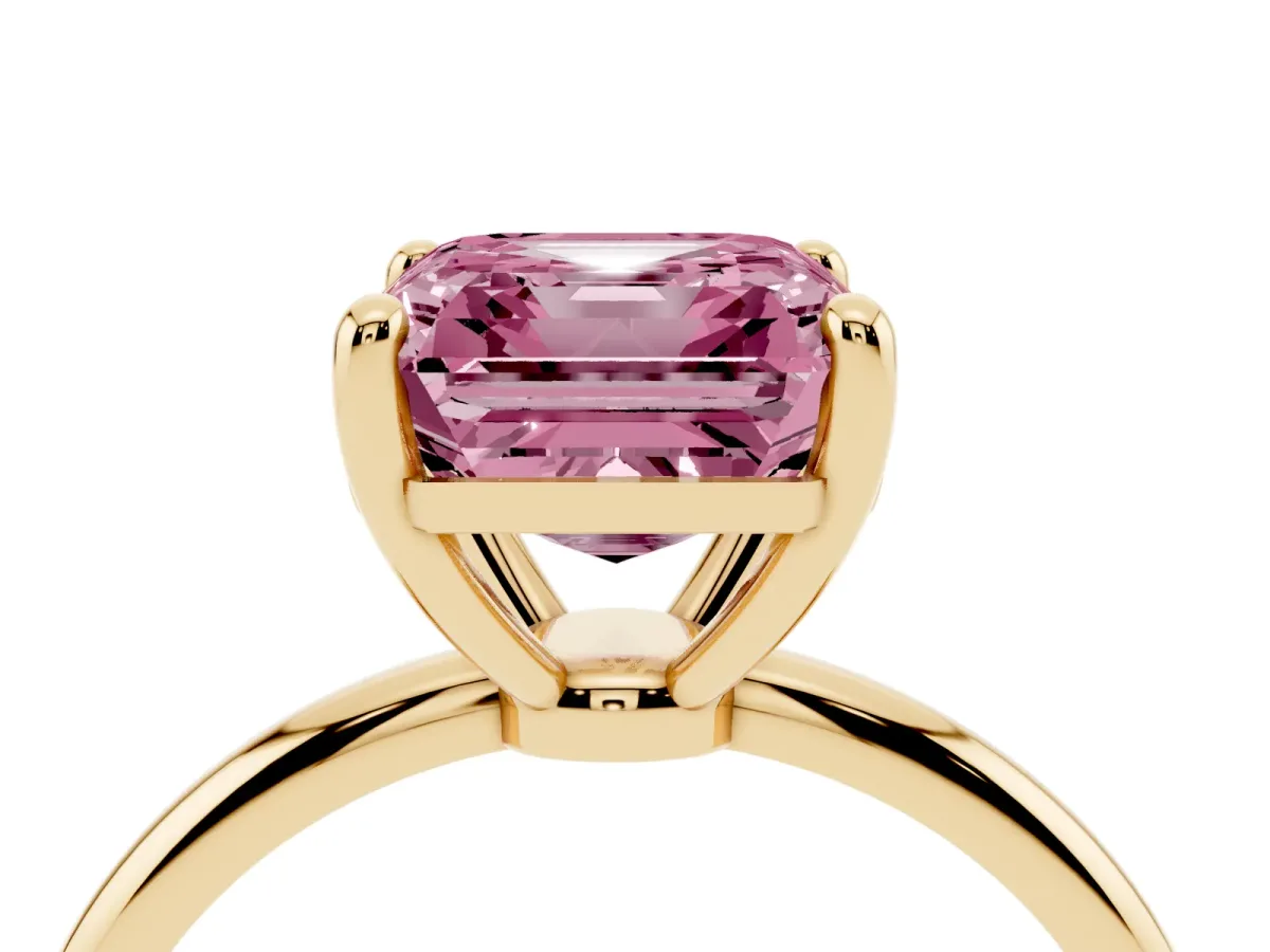 Fancy Pink Asscher Cut Solitaire Diamond Ring with 4-Prong Setting on a Classic Band Yellow gold