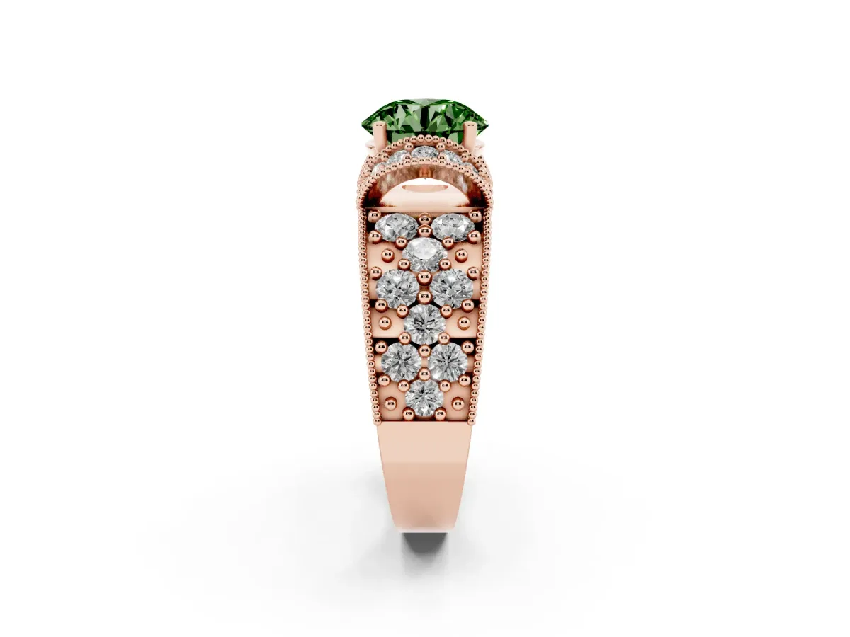 Fancy Green Round Cut Halo Pave Diamond Engagement Ring with Milgrain Detailing Rose gold