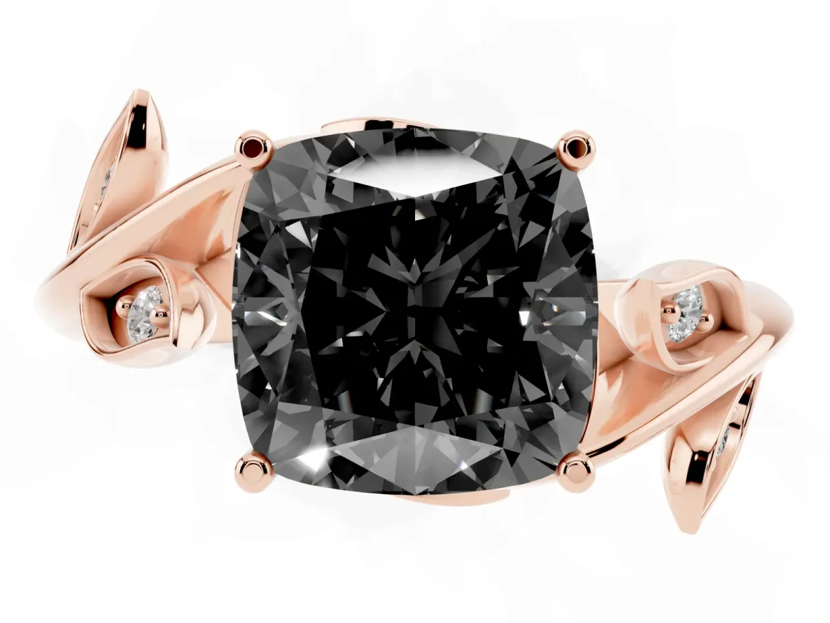 Fancy Black Cushion Cut Solitaire Twist Engagement Ring with Leaf Accents and Prong Setting Rose gold