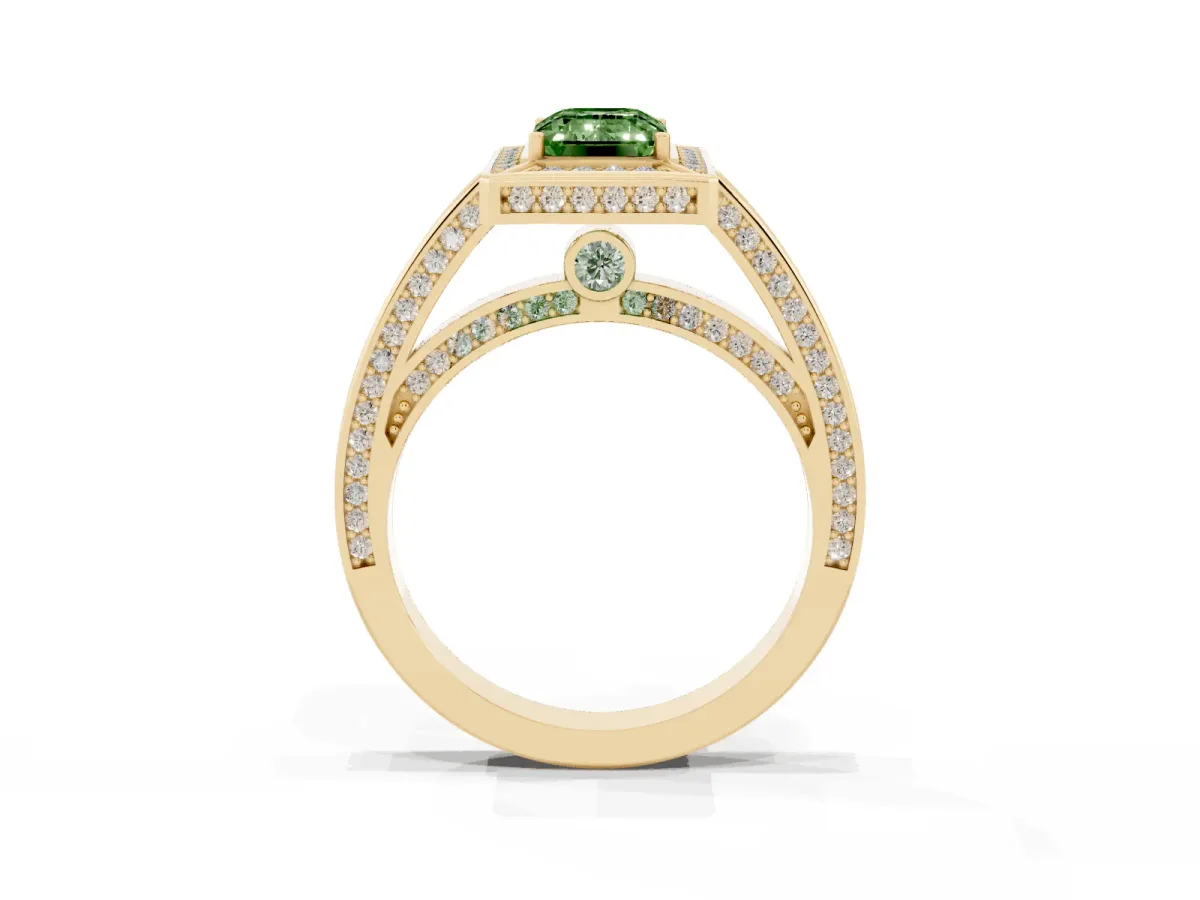 Fancy Green Emerald Cut Cut Halo Pave Split Shank Prong Setting Ring Yellow gold