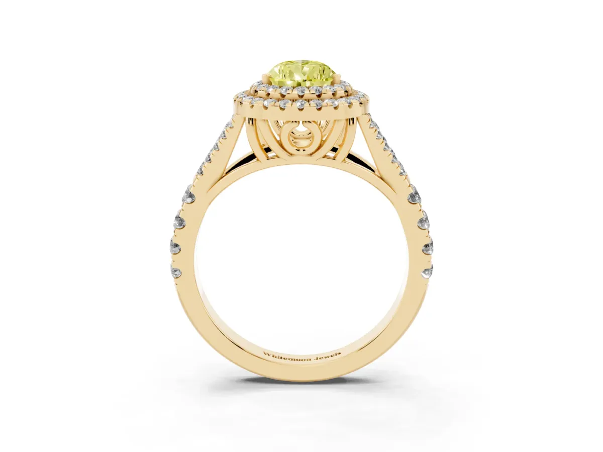 Fancy Yellow Double Halo Pear Cut Diamond Split Shank Engagement Ring with Four-Prong Setting Yellow gold