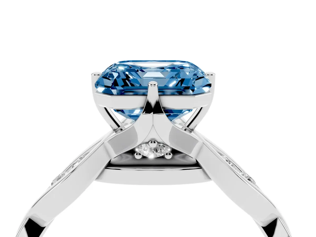 Fancy Blue Asscher Cut Solitaire Twist Band with Leaf Prong Setting Platinum