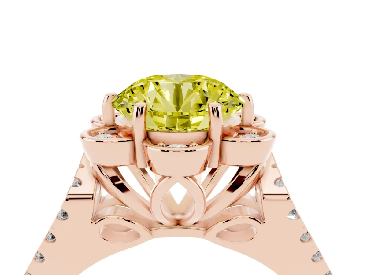 Fancy Yellow Round Cut Halo Diamond Floral Split Shank Engagement Ring Rose gold