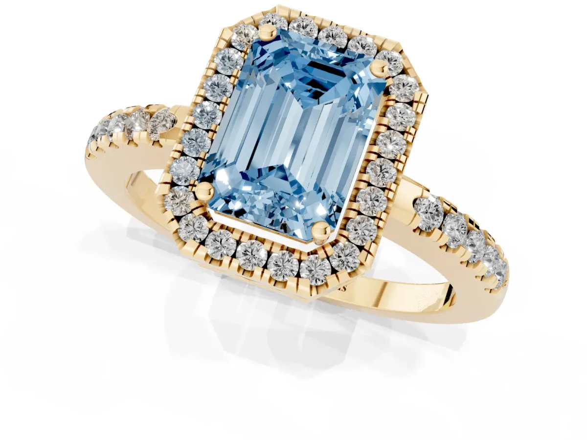 Fancy Blue Emerald Cut Halo Diamond Engagement Ring with Pavé Band and Four-Prong Setting Yellow gold