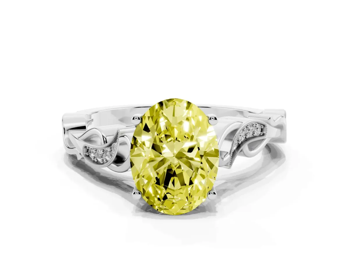 Fancy Yellow Oval Cut Solitaire Vine Band with Milgrain Prong Setting Silver