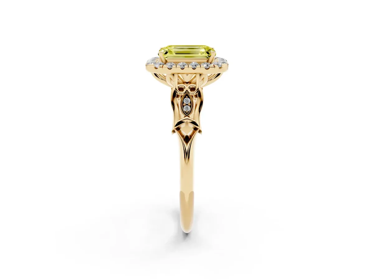 Fancy Yellow Emerald Cut Halo Diamond Engagement Ring with Filigree Band and Four-Prong Setting Yellow gold
