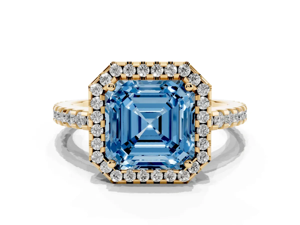 Fancy Blue Asscher Cut Diamond Halo Engagement Ring with Pavé Band and Prong Setting Yellow gold