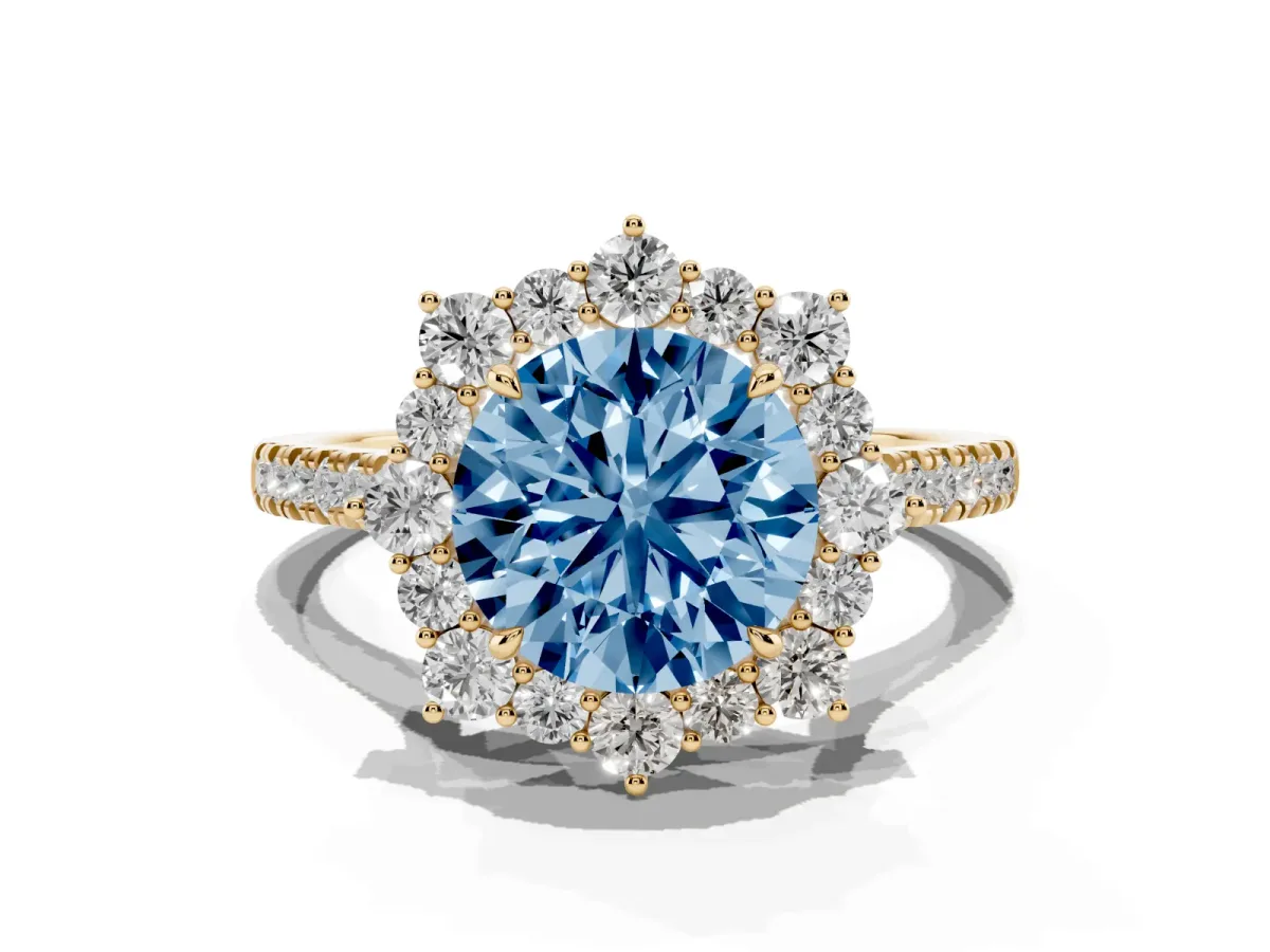 Fancy Blue Round Cut Halo Diamond Ring with Pavé Band and Prong Setting Yellow gold