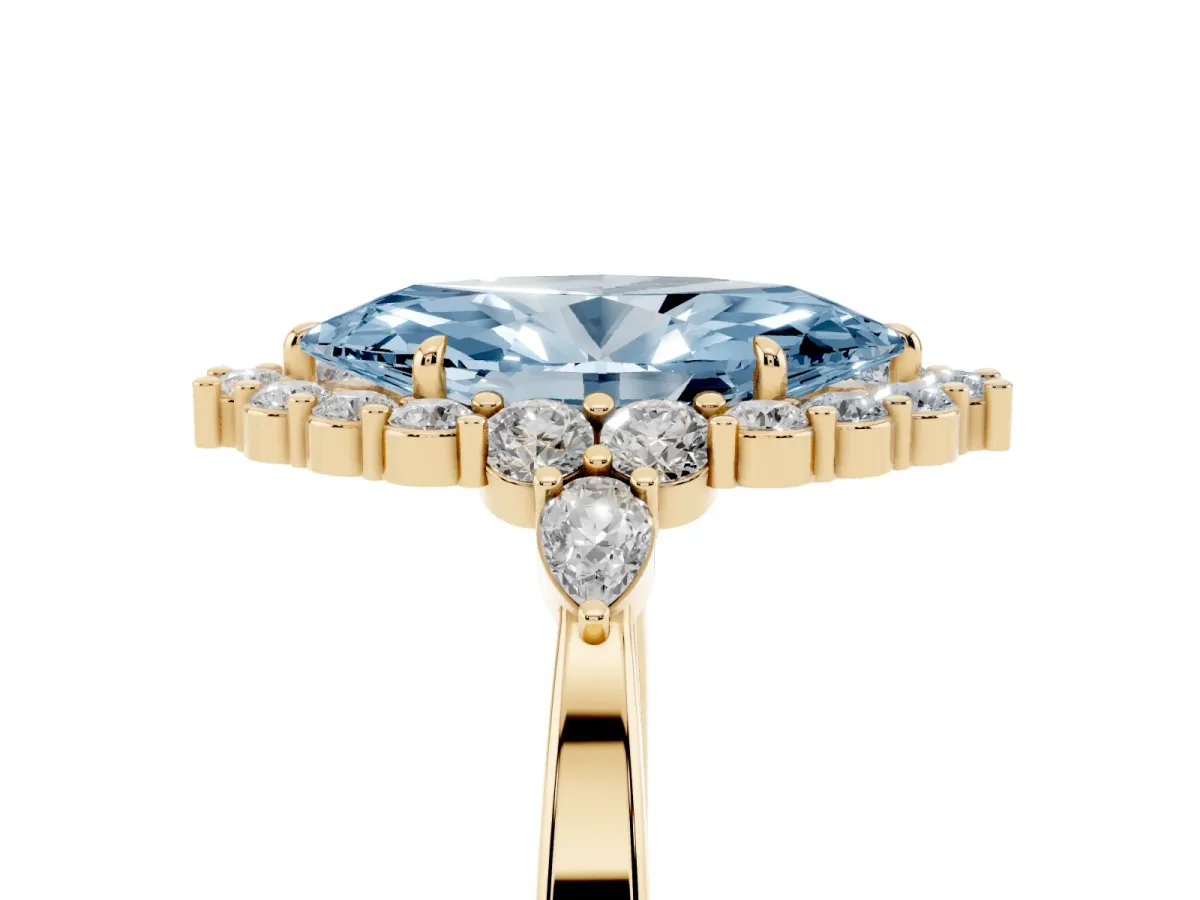 Fancy Blue Marquise Cut Diamond Halo Ring with Pear Side Stones and Prong Setting Yellow gold