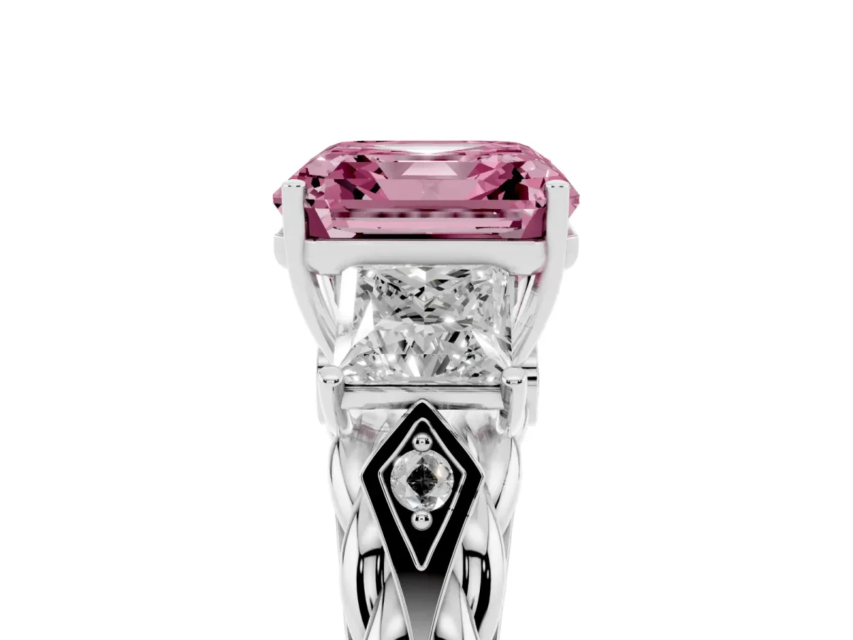 Fancy Pink Three-Stone Asscher Cut Diamond Braided Band Ring with Four-Prong Setting Platinum