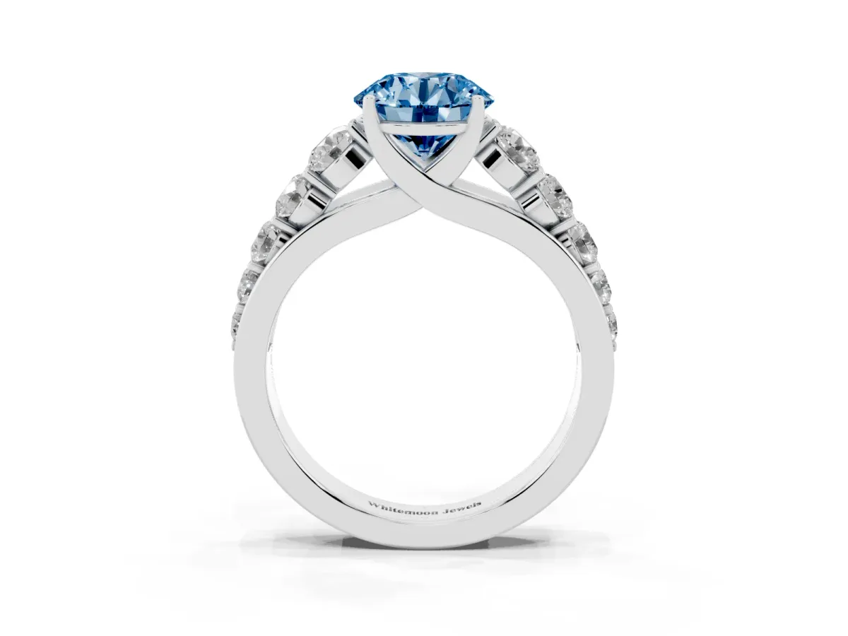 Fancy Blue Round Cut Brilliant Diamond Pavé Band with Six-Prong Setting Silver