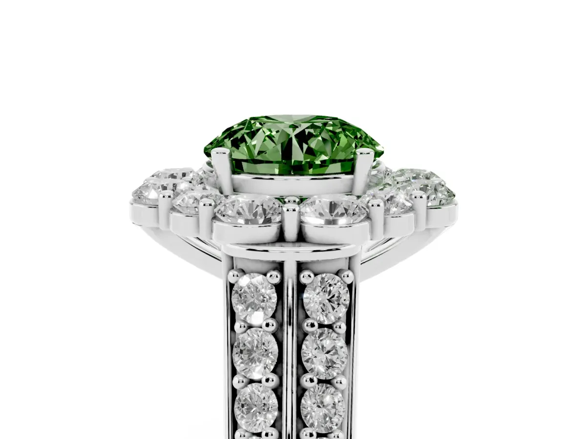 Fancy Green Round Cut Halo Diamond Engagement Ring with Split Shank and Prong Setting Silver