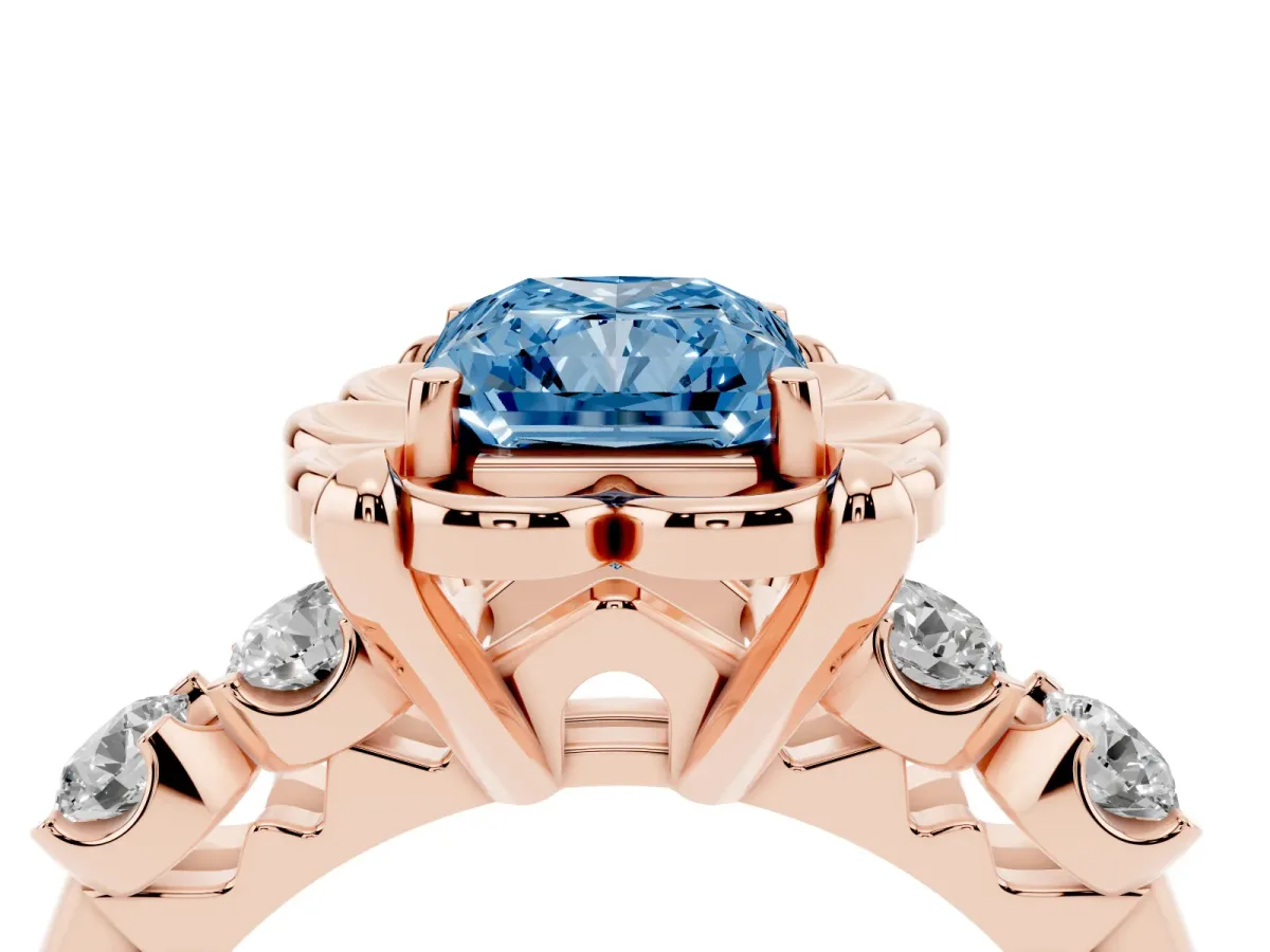Fancy Blue Radiant Cut Cut Diamond Floral Halo Engagement Ring with Shared Prong Setting Rose gold