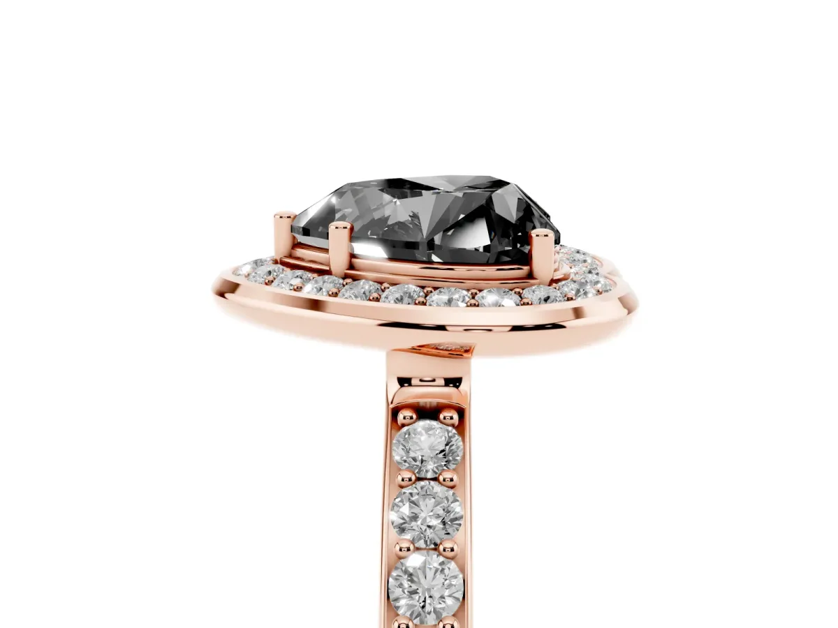 Fancy Black Heart Cut Diamond Halo Ring with Bezel Frame and Pavé Band Rose gold