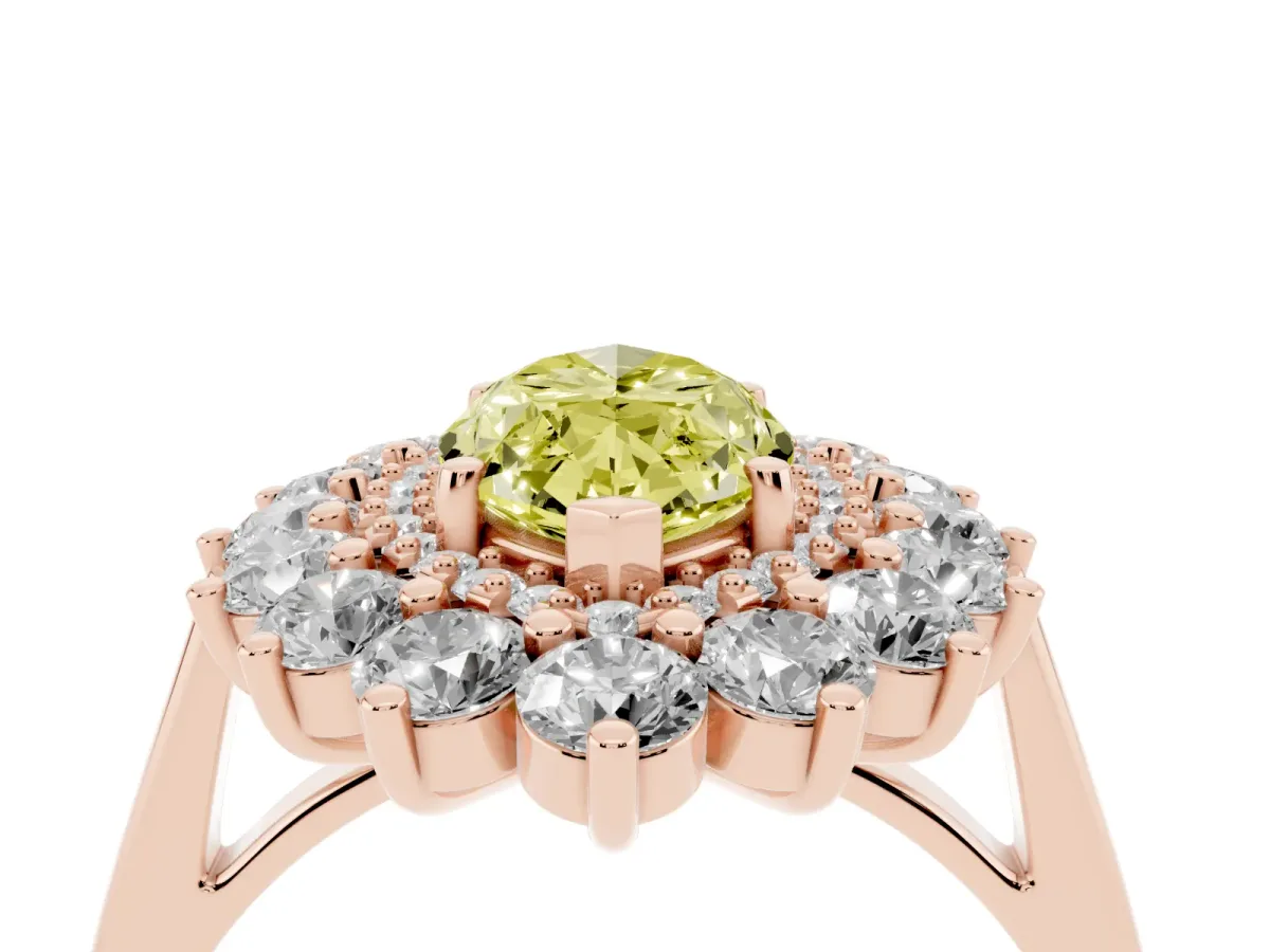 Fancy Yellow Marquise Cut Diamond Floral Double Halo Engagement Ring with Prong Setting Rose gold